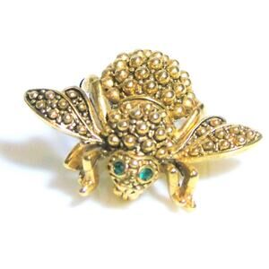 Joan Rivers Queen Bee Brooch Pin Gold Plated Beaded Double Wing Crystal Eyes Vtg